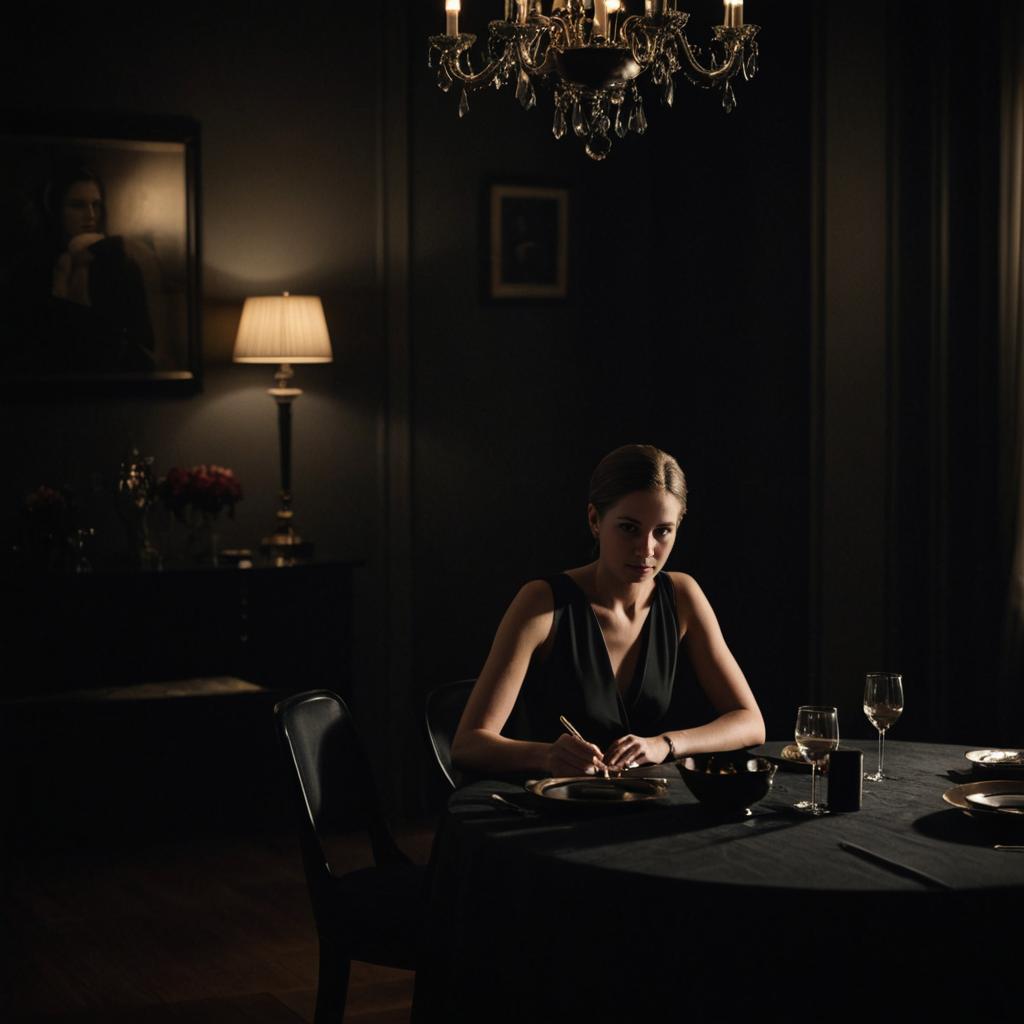 Elegant Woman at Dimly Lit Table with Chandelier