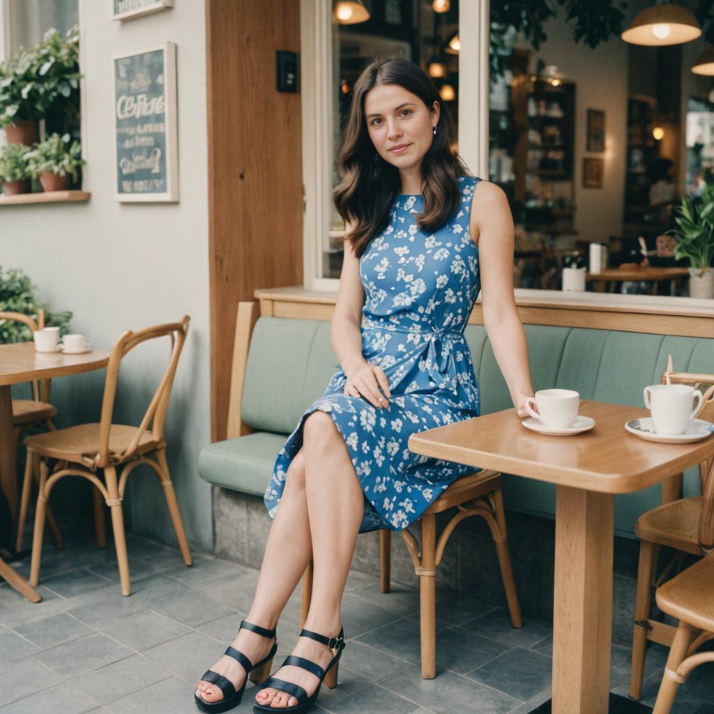 Elegant Woman in Floral Dress at Cafe