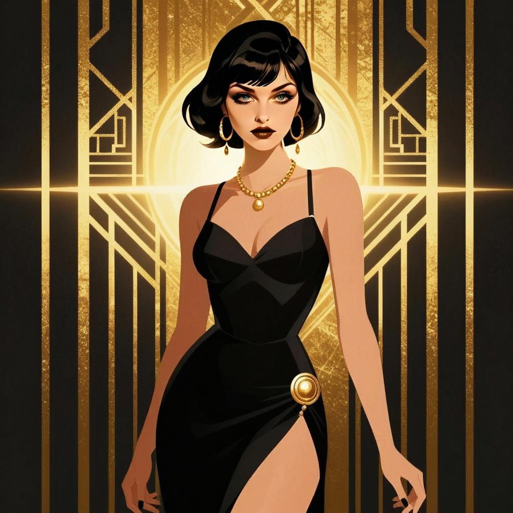 Elegant Woman in Black Dress with Art Deco Gold Background
