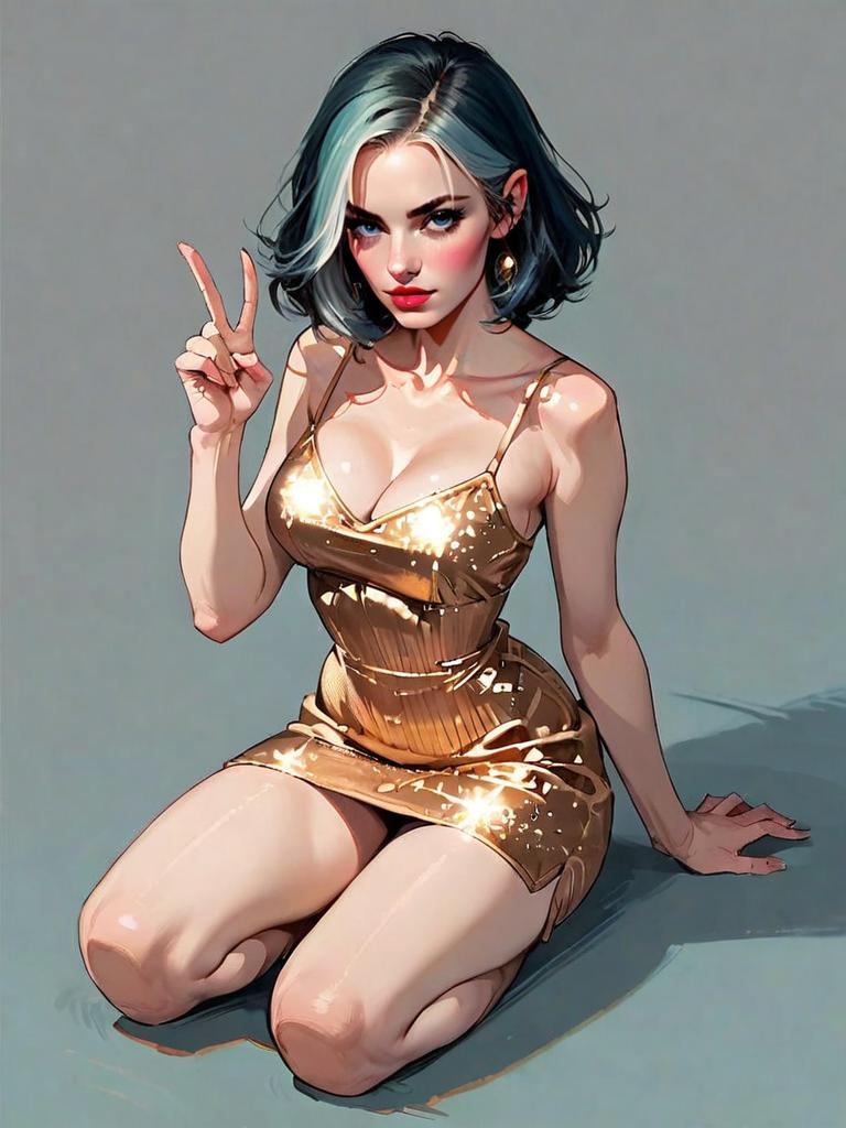 Stylish Woman in Gold Cocktail Dress Realistic Comic Artwork Full Body
