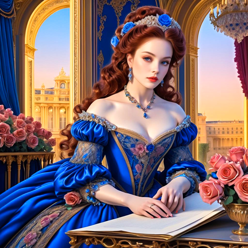 Elegant Woman in Blue Gown at Opulent Palace