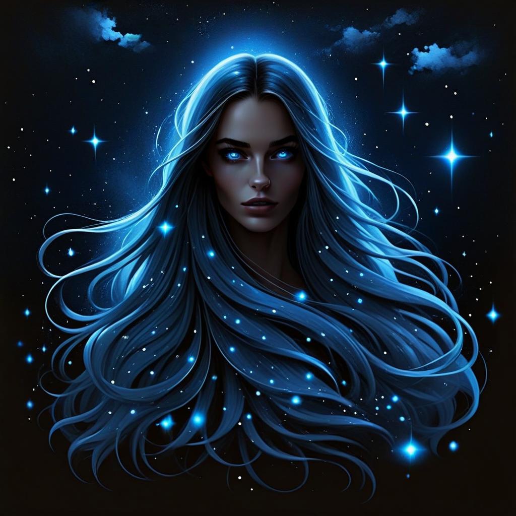 Fantasy Blue-Haired Woman with Cosmic Starry Night Hair