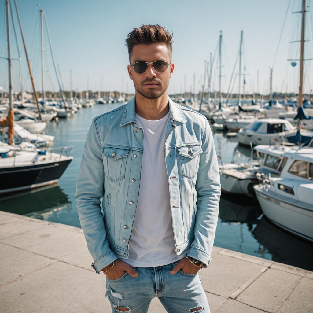 Stylish man at marina in denim jacket