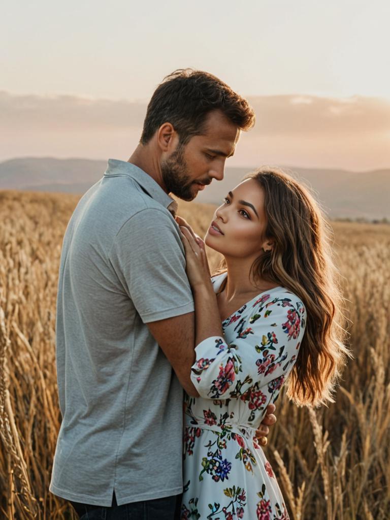 Couple in Wheat Field at Sunset