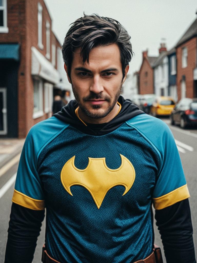 Man in Blue and Yellow Jersey Costume on Urban Street