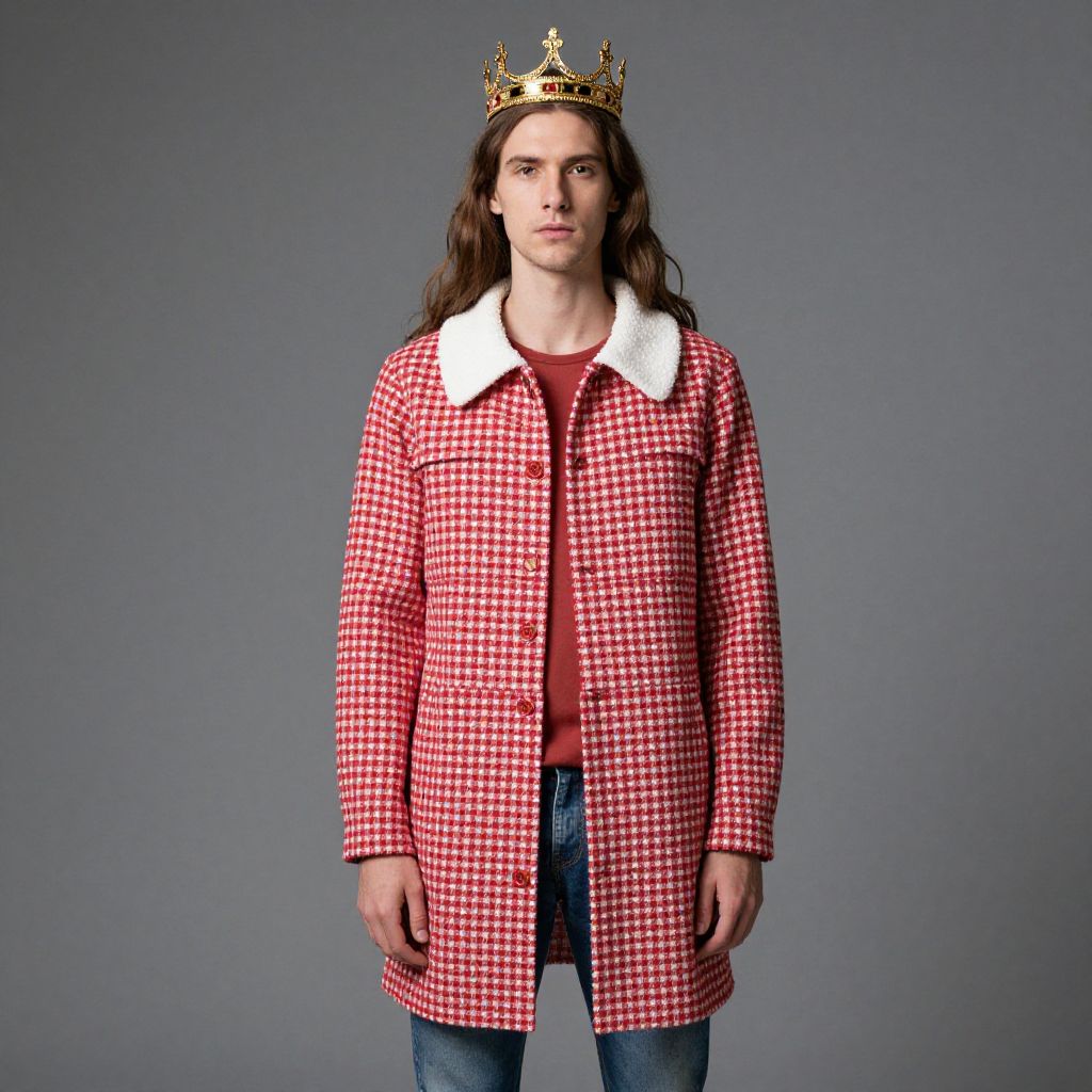 Young Man Wearing Red Checkered Coat and Gold Crown Fashion Portrait