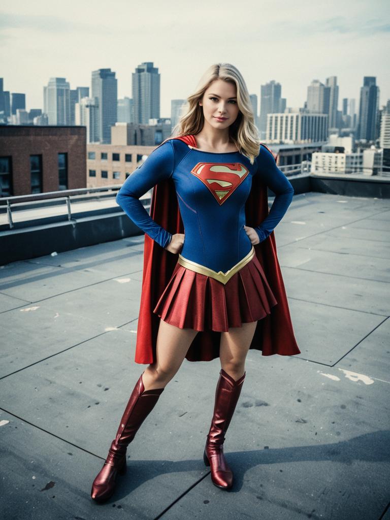 Woman in Supergirl Costume Full Body Cosplay Photo on Urban Rooftop