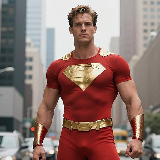 Man in Red and Gold Superhero Costume in Urban Setting