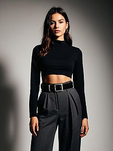 Contemporary Minimalist Black Asymmetrical Crop Top with High-Waisted Gray Trousers