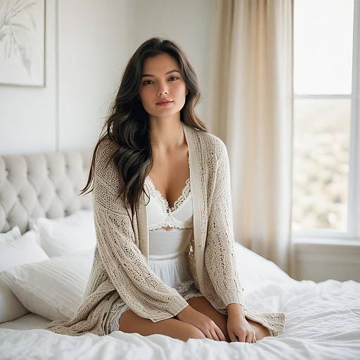 Woman in Beige Cardigan and White Lace Lingerie Sitting on Bed