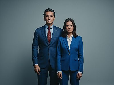 Professional Man and Woman in Blue Business Suits Standing Together