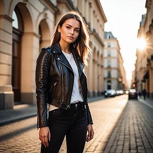 Fashionable Woman in Black Leather Jacket on European Street at Golden Hour