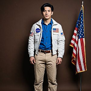 Confident Man in Vintage Astronaut Jacket with American Flag