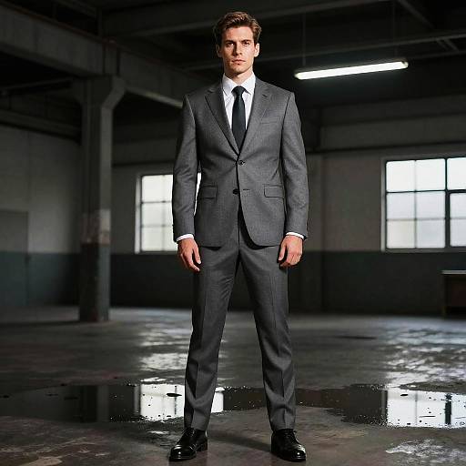 Confident Man in Grey Business Suit in Industrial Setting