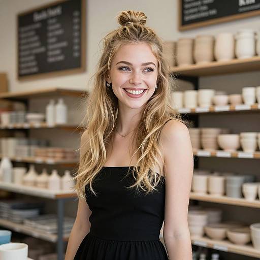 Smiling Young Woman in Black Dress at Pottery Store