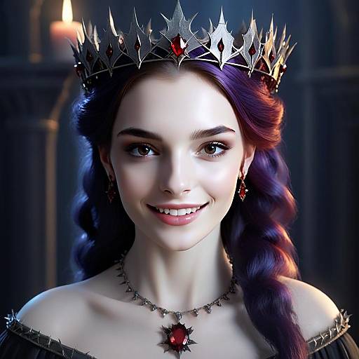 Regal Woman with Purple Hair and Silver Crown in Fantasy Style
