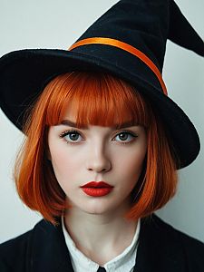 Portrait of Woman with Red Hair Wearing Black Witch Hat
