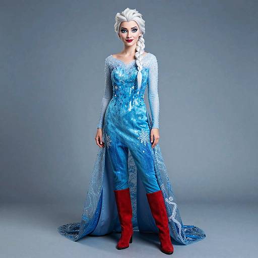 Frozen-Inspired Woman Costume with Blue Dress and Red Boots