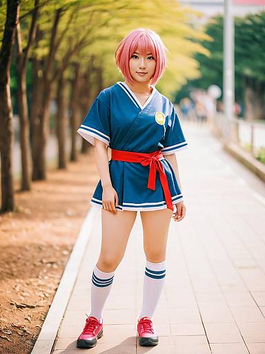 Woman in Blue Sailor-Style Cosplay with Pink Hair Outdoors