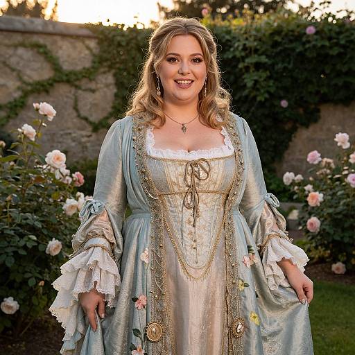 Woman in Elegant 18th Century Rococo Gown in Garden