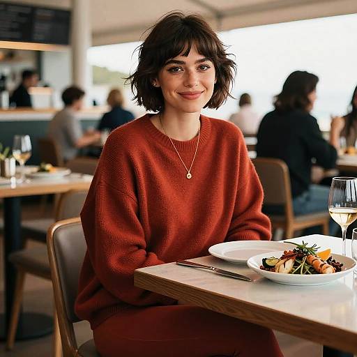 Young Woman Enjoying Gourmet Meal in Cozy Restaurant Setting