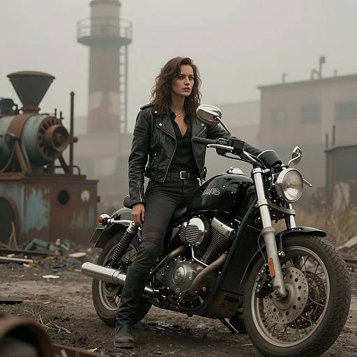 Confident Woman on Black Cruiser Motorcycle in Foggy Industrial Setting