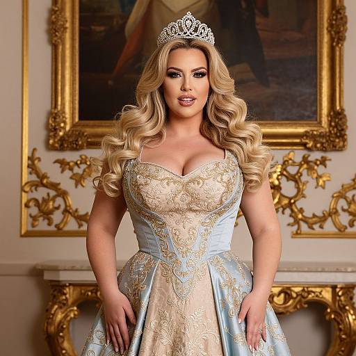 Elegant Woman in Embroidered Ball Gown with Tiara in Regal Interior