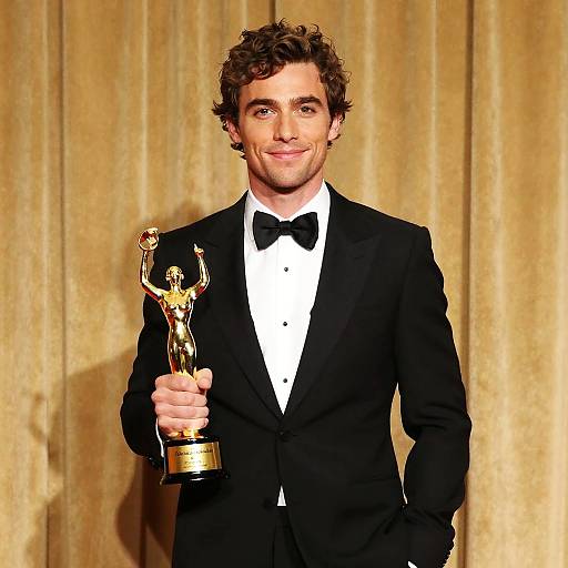 Man in Tuxedo Holding Golden Award Trophy at Ceremony