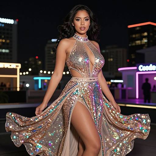 Glamorous Woman in Sparkling Sequined Evening Gown at Night