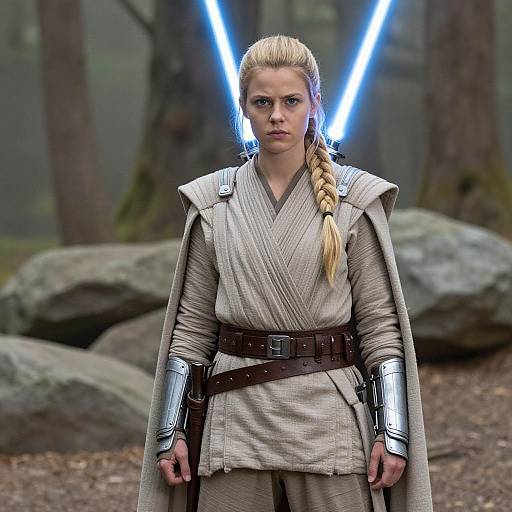 Woman Jedi Warrior with Blue Lightsabers in Forest