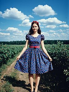 Young Woman in Blue Floral Dress Standing in Raspberry Field on Sunny Day