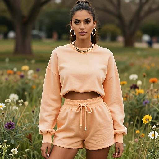 Lean Woman in Casual Chic Peach Two-Piece Set with Gold Accessories Outdoors