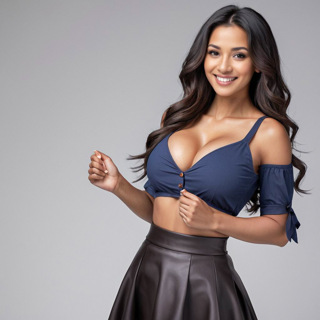 Confident Woman in Navy Crop Top and Leather Skirt