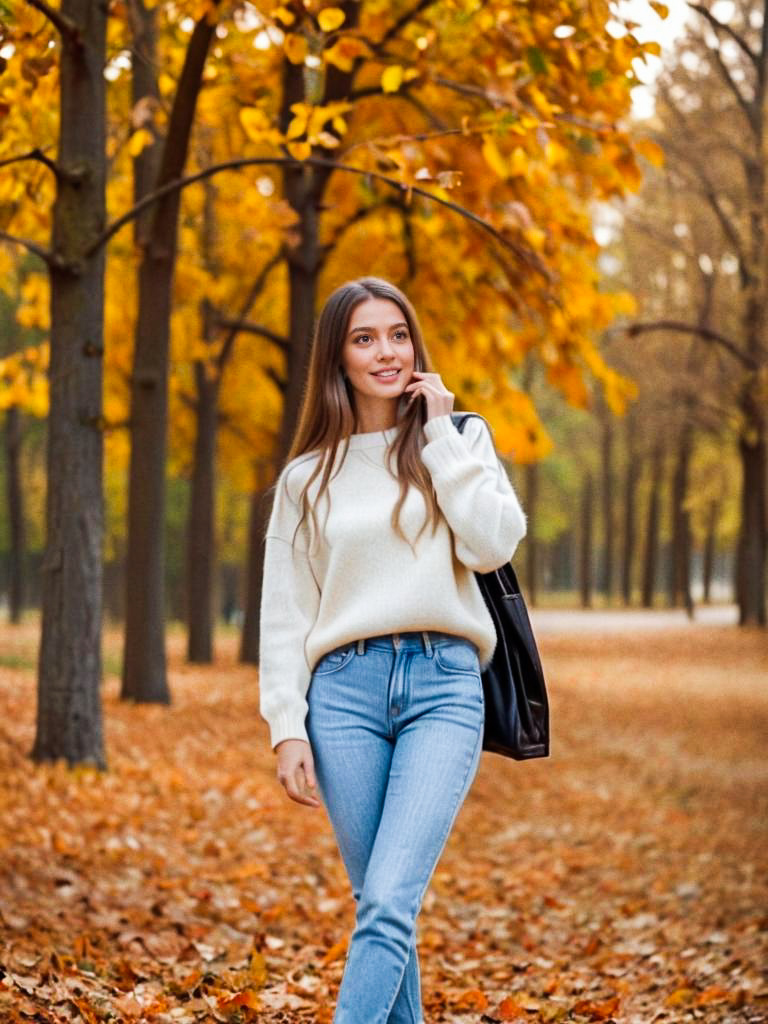 Stylish Woman in Autumn Landscape