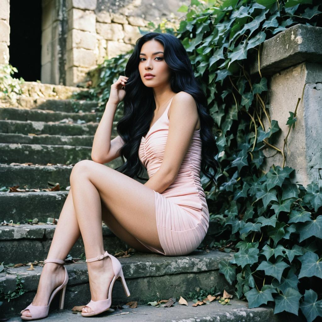 Elegant Woman in Pink Dress Sitting on Ivy-Covered Stone Steps
