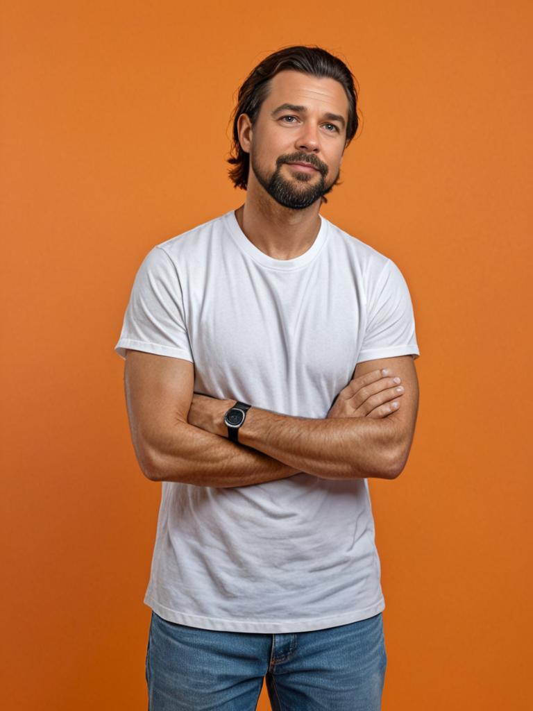 Man in white t-shirt with crossed arms