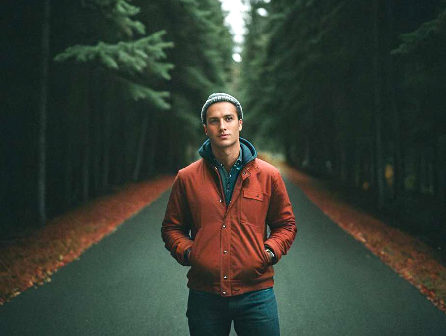 Confident Young Man in Red Jacket on Empty Road