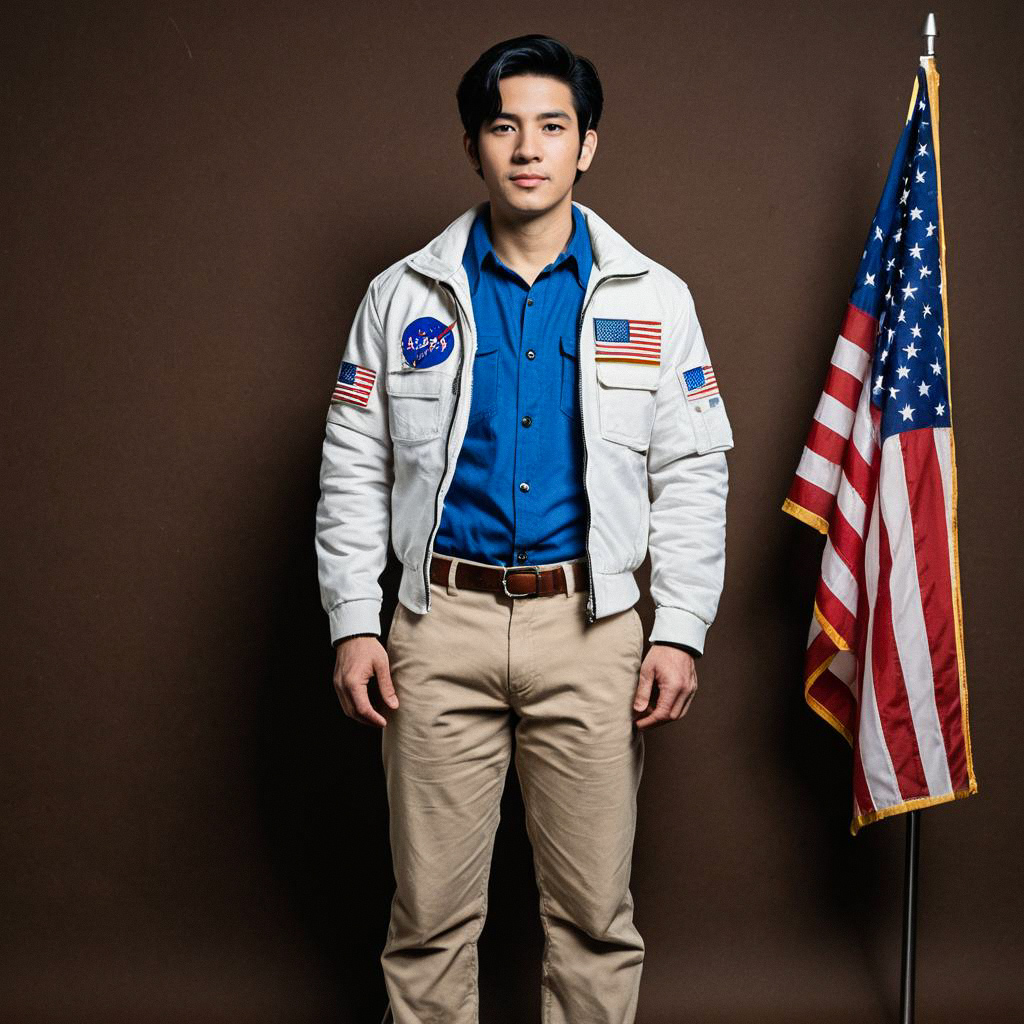 Confident Man in Vintage Astronaut Jacket with American Flag Confident Man in Vintage Astronaut Jacket with American Flag