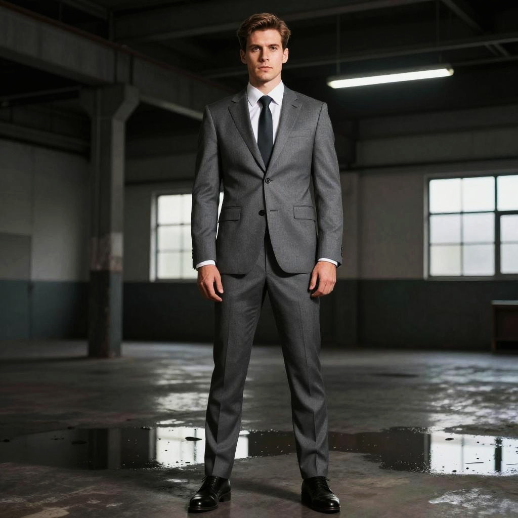 Confident Man in Grey Business Suit in Industrial Setting