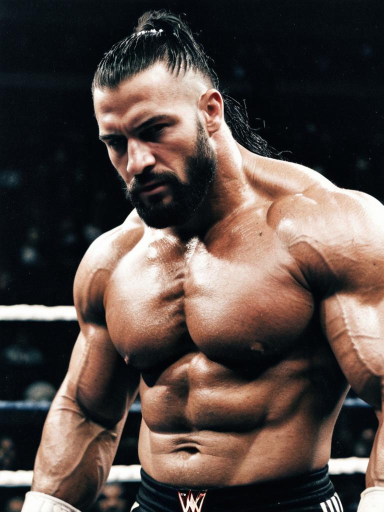 Muscular Male WWE Fighter with Man Bun in Wrestling Ring