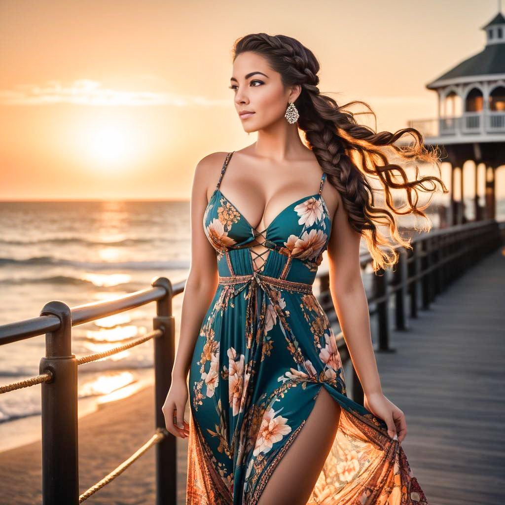 Woman in Floral Dress at Sunset on Pier