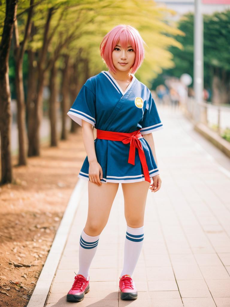 Woman in Blue Sailor-Style Cosplay with Pink Hair Outdoors