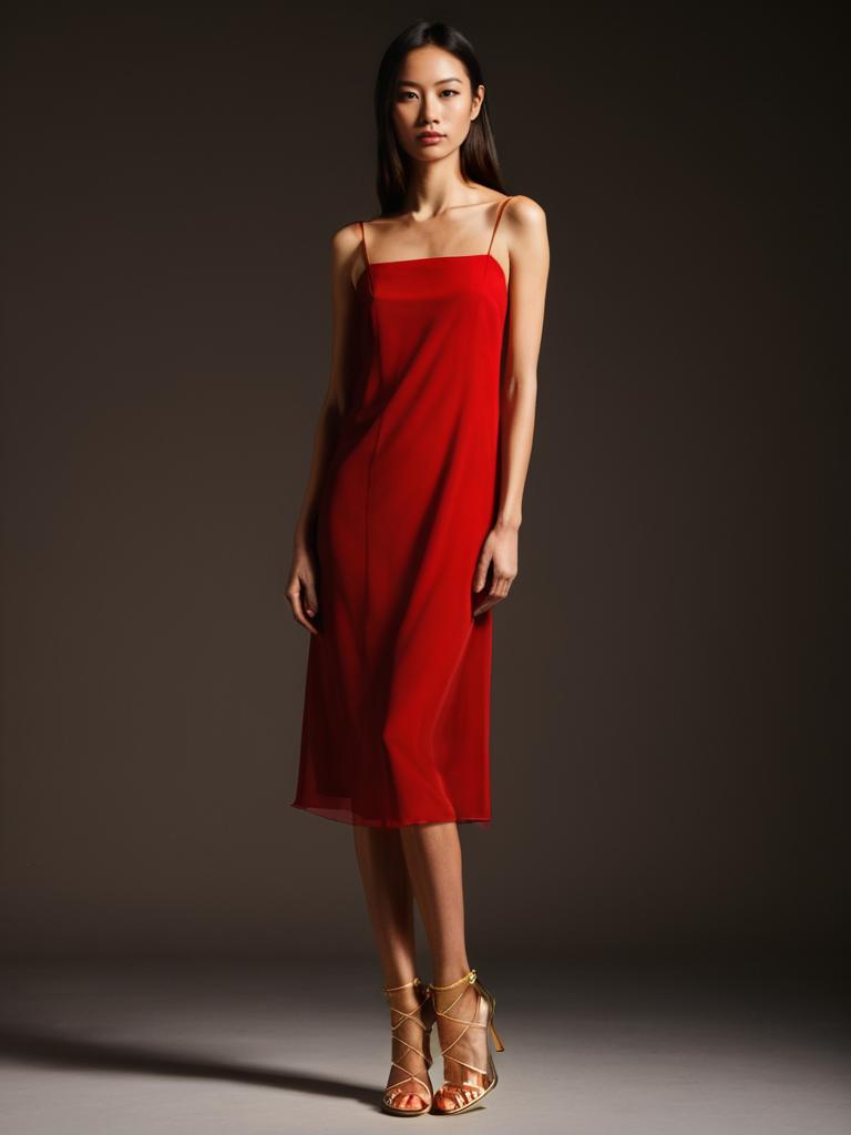 Elegant Woman in Minimalist Red Slip Dress with Heeled Sandals