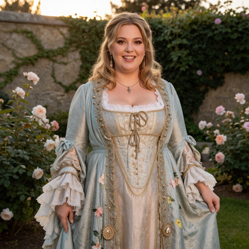Woman in Elegant 18th Century Rococo Gown in Garden