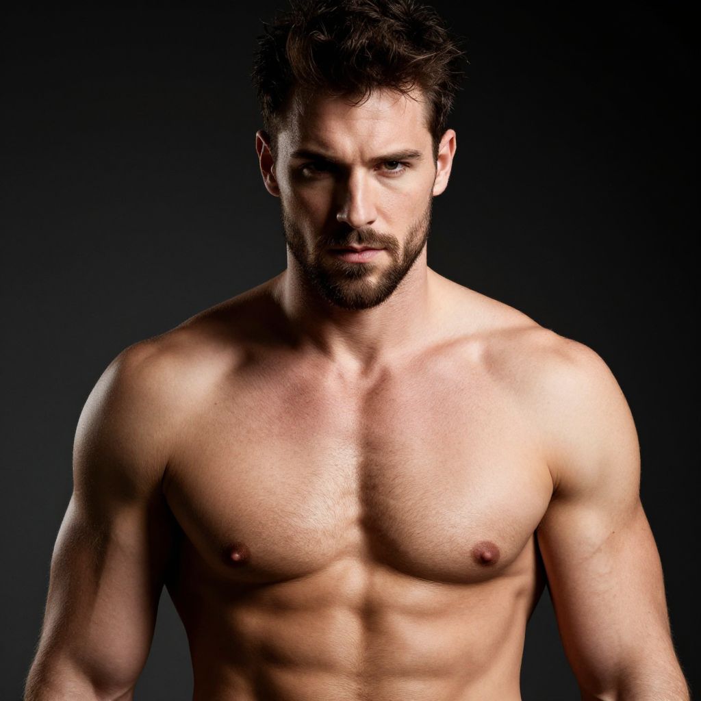 Muscular Shirtless Man with Intense Expression and Defined Physique