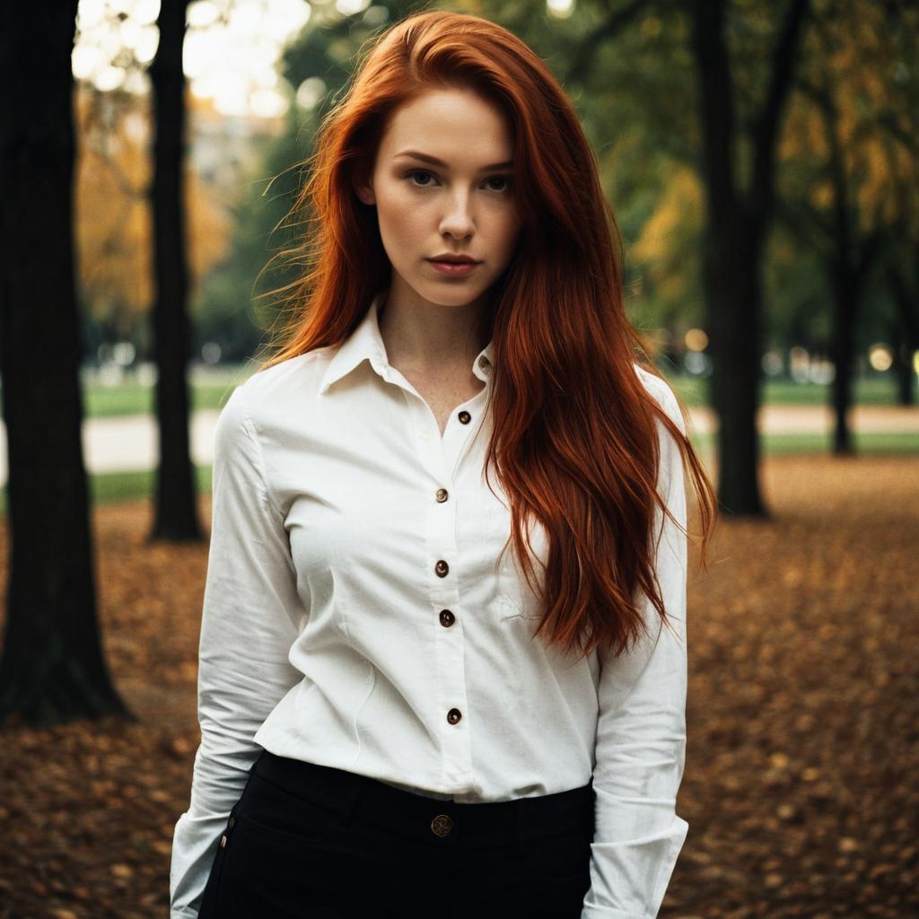 Confident Red Haired Woman in White Shirt Standing in Autumn Park