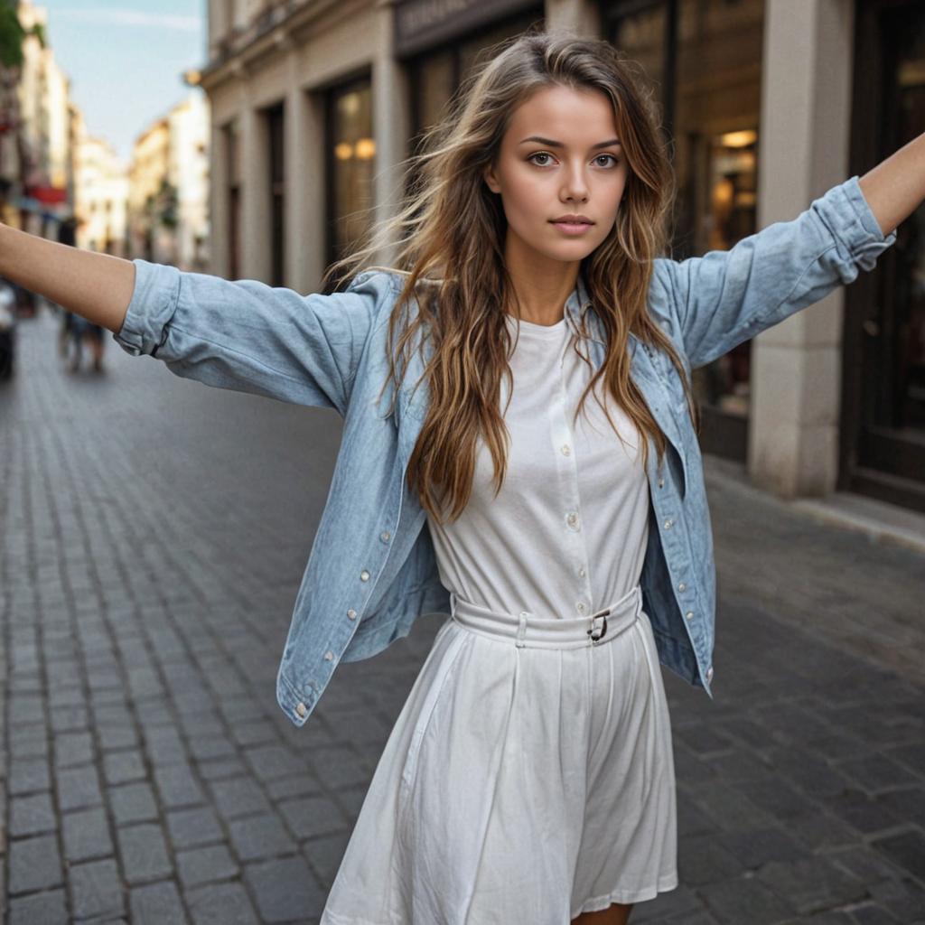 Woman in White Dress and Denim Jacket on City Street