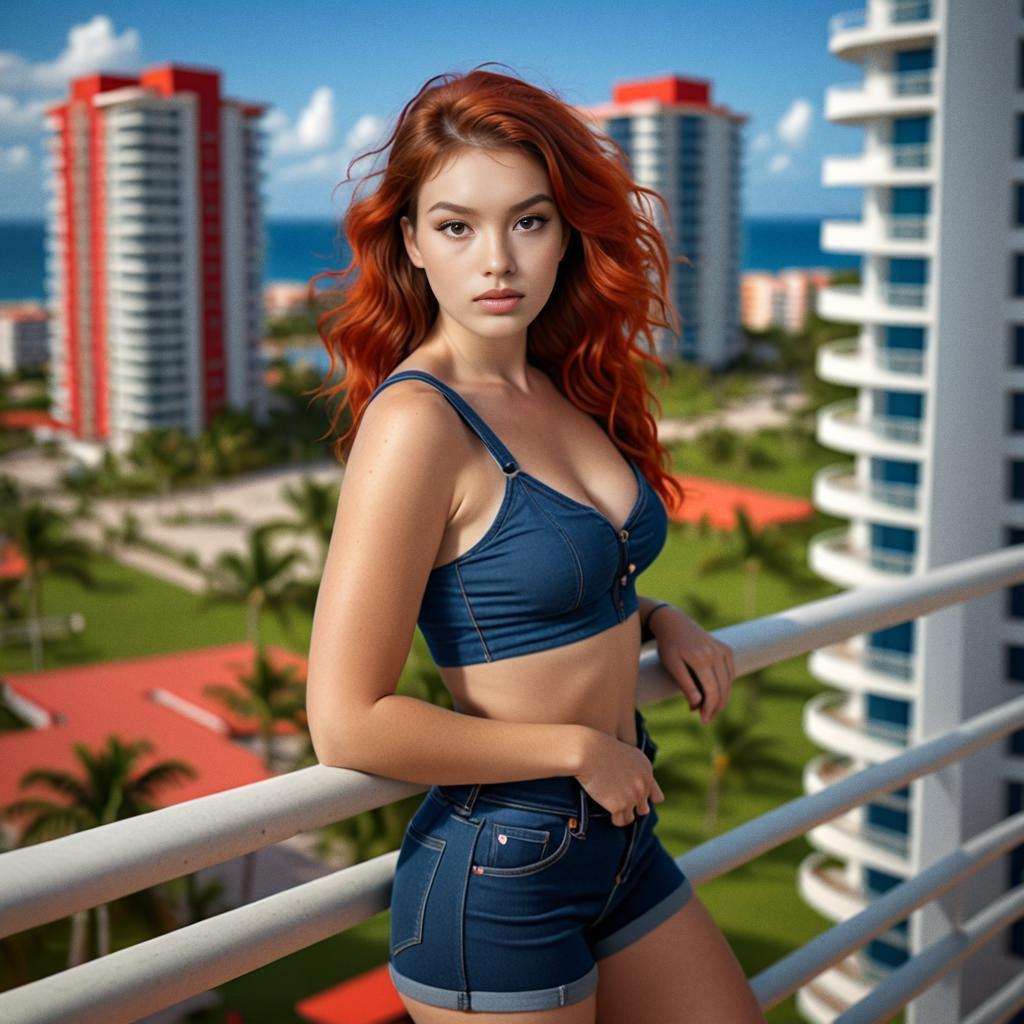 Woman with Red Hair on Balcony Overlooking Tropical City