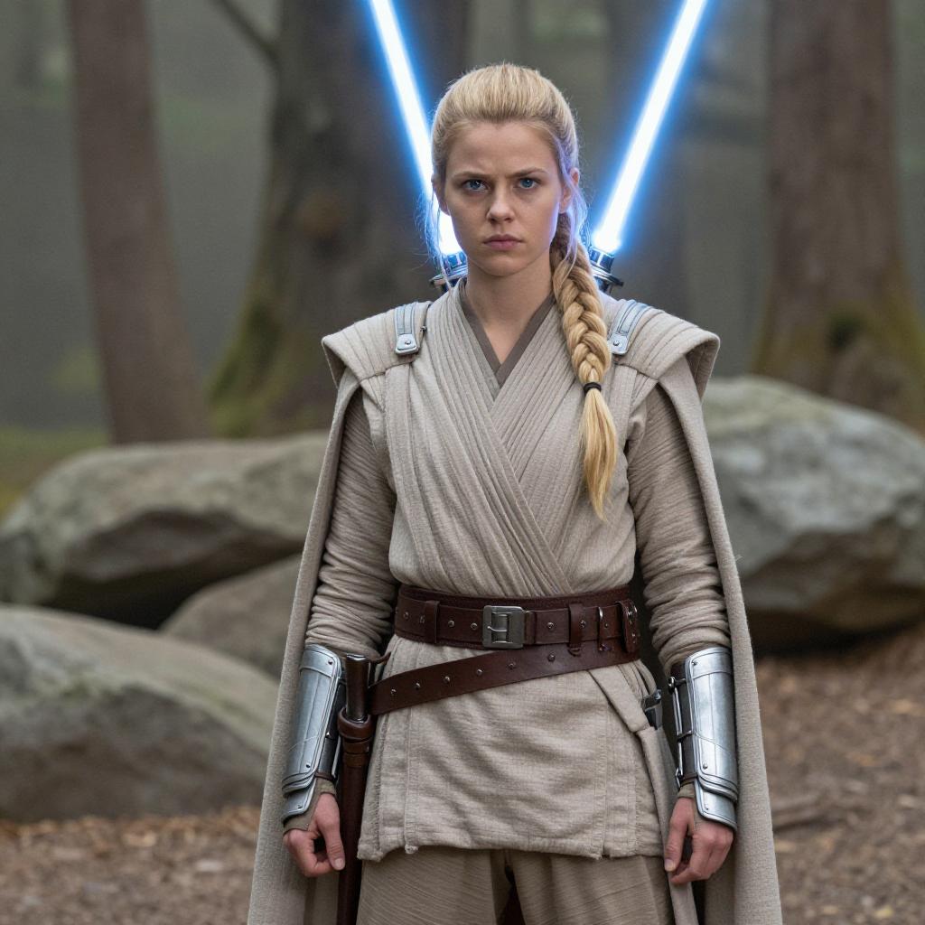 Woman Jedi Warrior with Blue Lightsabers in Forest