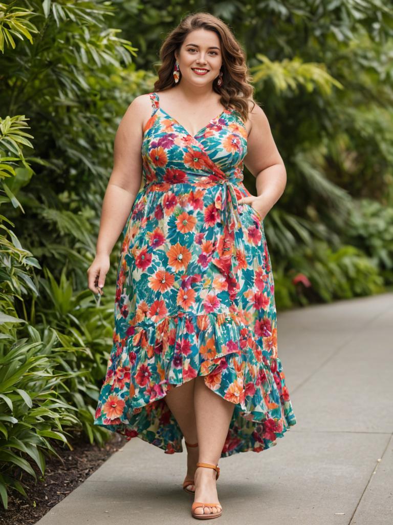 Confident Woman in Floral Dress in Lush Garden